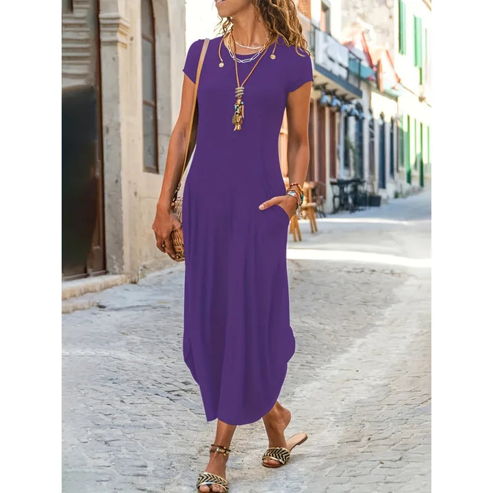 Women’s Solid Color Short Sleeve Dress – High-Stretch Minimalist Summer Fit