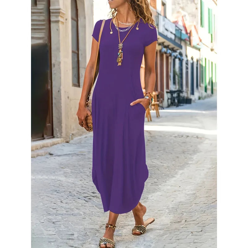 Women’s Solid Color Short Sleeve Dress – High-Stretch Minimalist Summer Fit