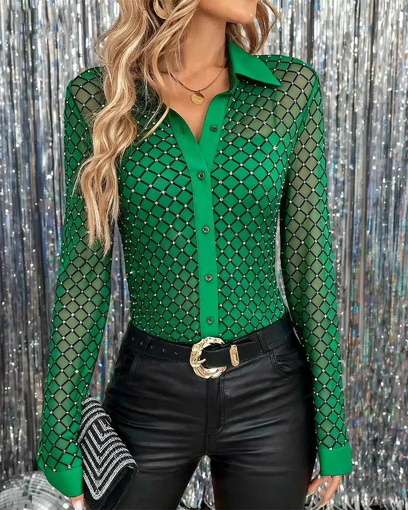 Shiny Lapel Collar Shirt – Elegant Long Sleeve Blouse with Smooth Satin Finish
