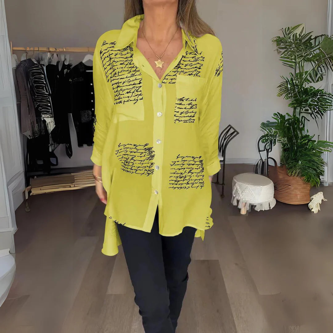 Handwritten Print Button-Up Shirt – Lightweight Artistic Top for Casual & Creative Everyday Styling