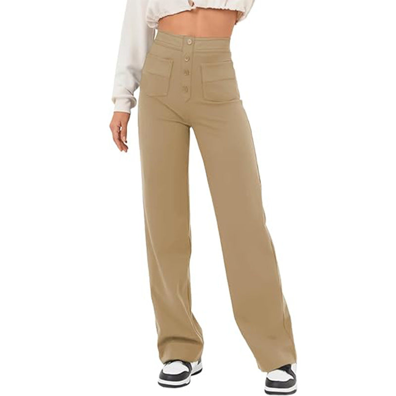 Women’s High-Waist Wide-Leg Trousers – Tailored Straight Pants with Button Detail