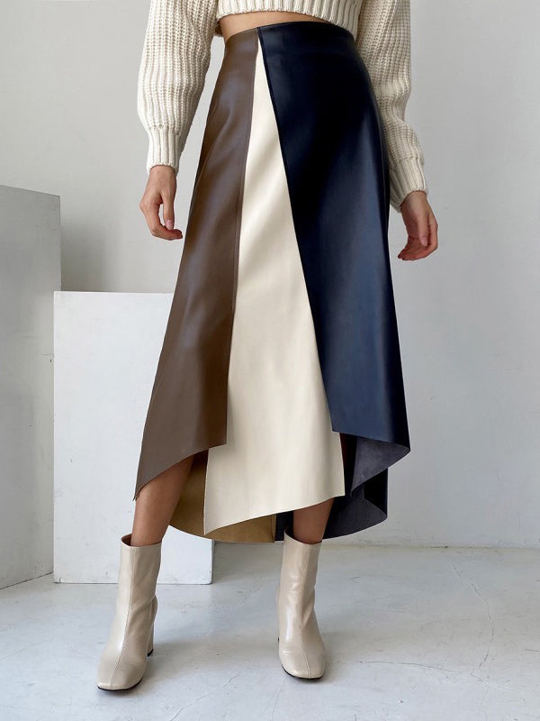 A-Line High Waisted Asymmetric Contrast Color Split-Front Skirts Bottoms