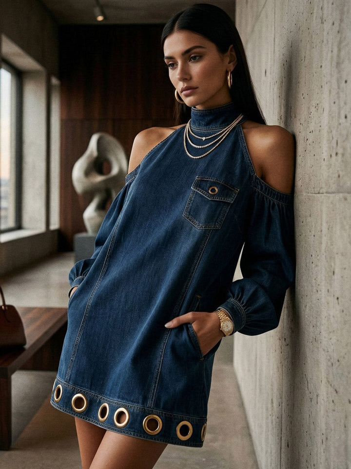 Long Sleeves Loose Hollow Pockets Solid Color Split-Joint Cold Shoulder Mini Dresses