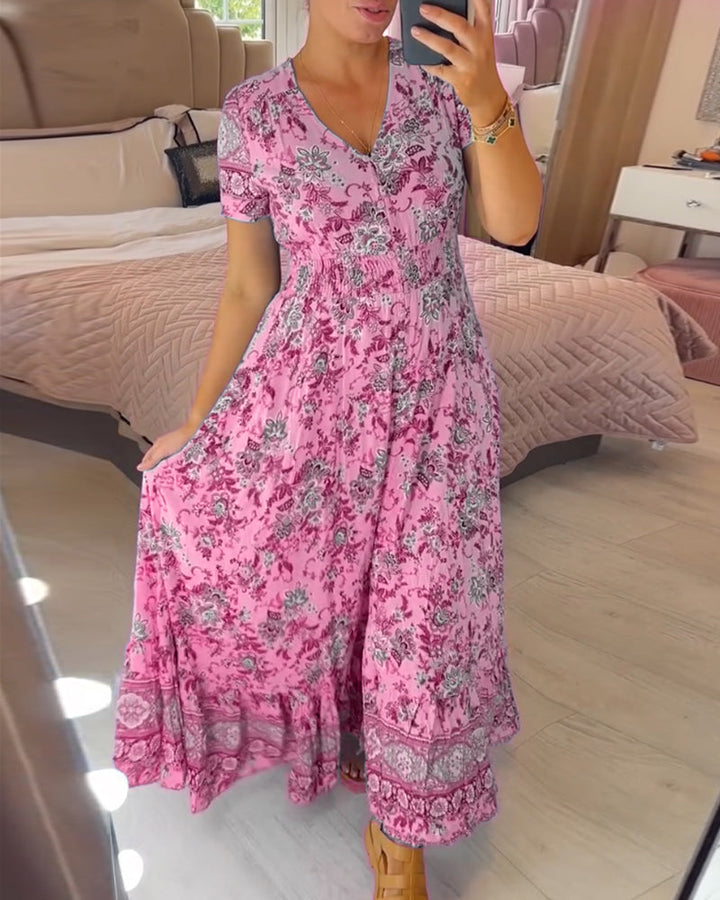 Ellie - Elegant Floral V-Neck Pleated Hem Dress