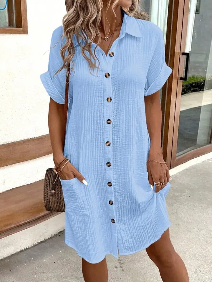 Solid Color Shirt Dress – Short Sleeve Button-Down Midi Dress for Effortless Everyday Styling