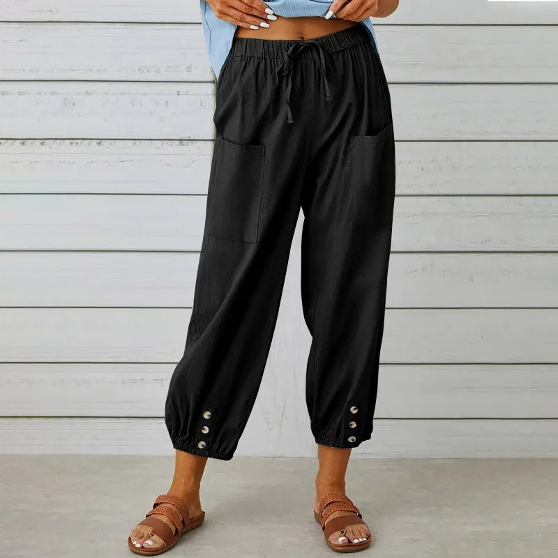 Women’s High-Waist Cotton & Linen Cropped Trousers – Wide-Leg Button Detail Fit