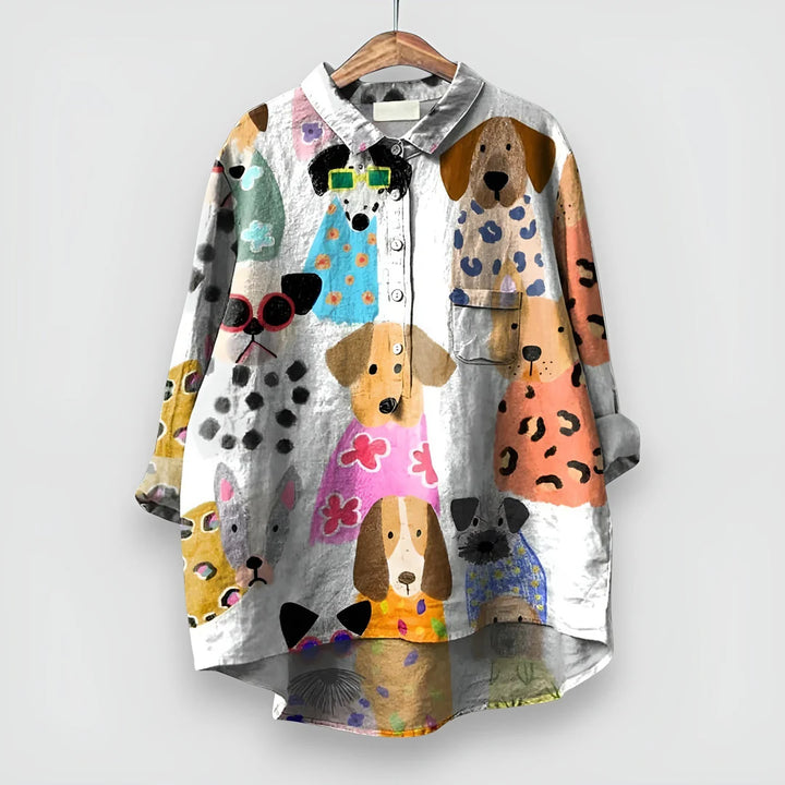 Dog Print Button-Up Shirt – Lightweight Casual Top for Everyday Relaxed Styling