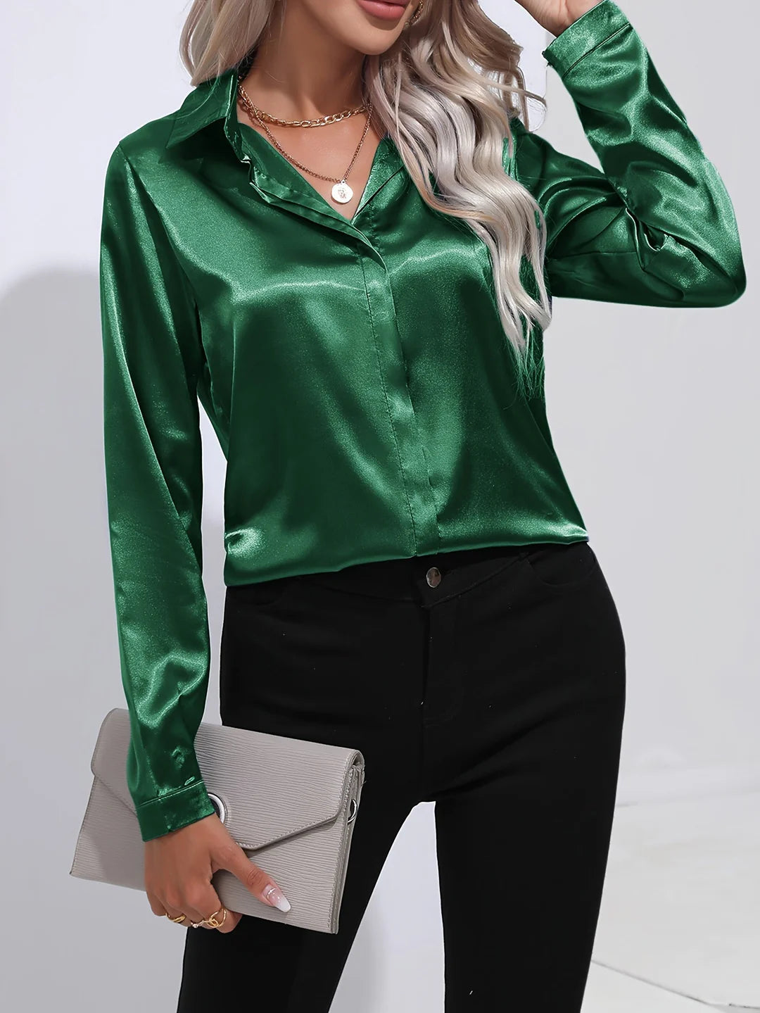 Satin Button-Up Blouse – Elegant Smooth Finish Shirt for Work & Smart Everyday Styling