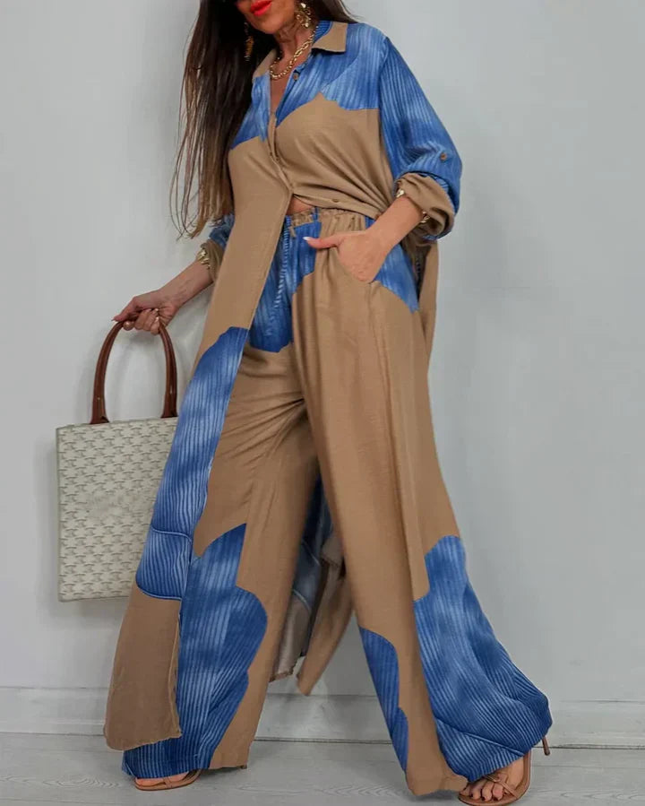 Skye - Stylish Patchwork Printed Top & Wide Leg Pants Set for a Chic Look