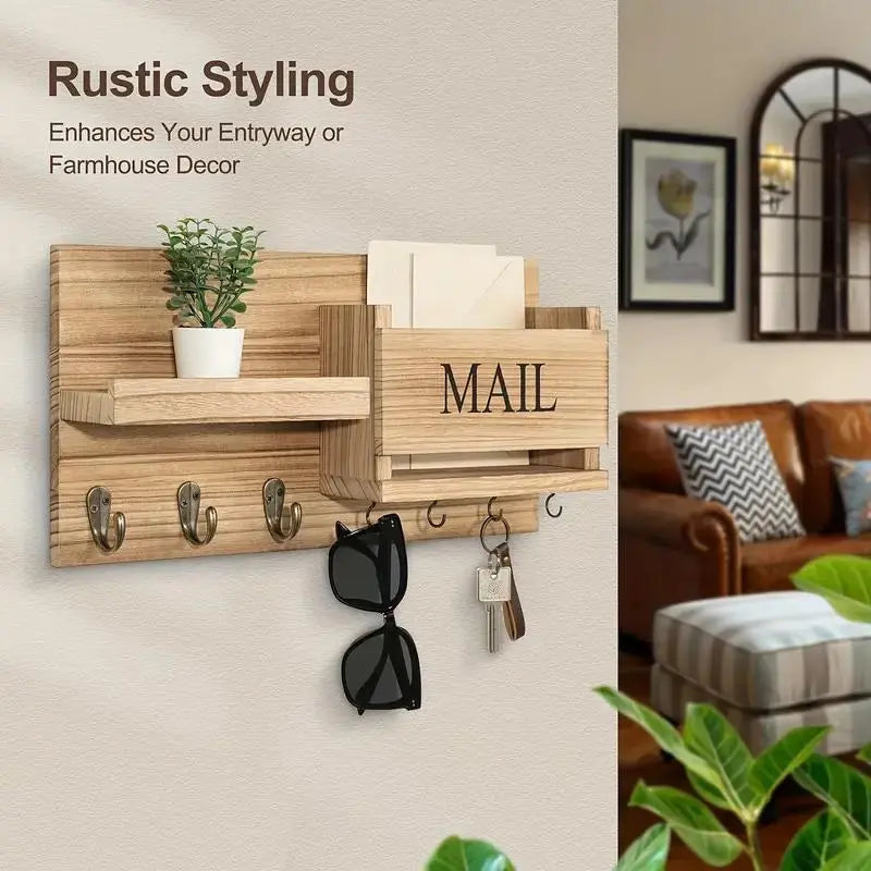 Wooden Wall-Mounted Key and Mail Storage Rack