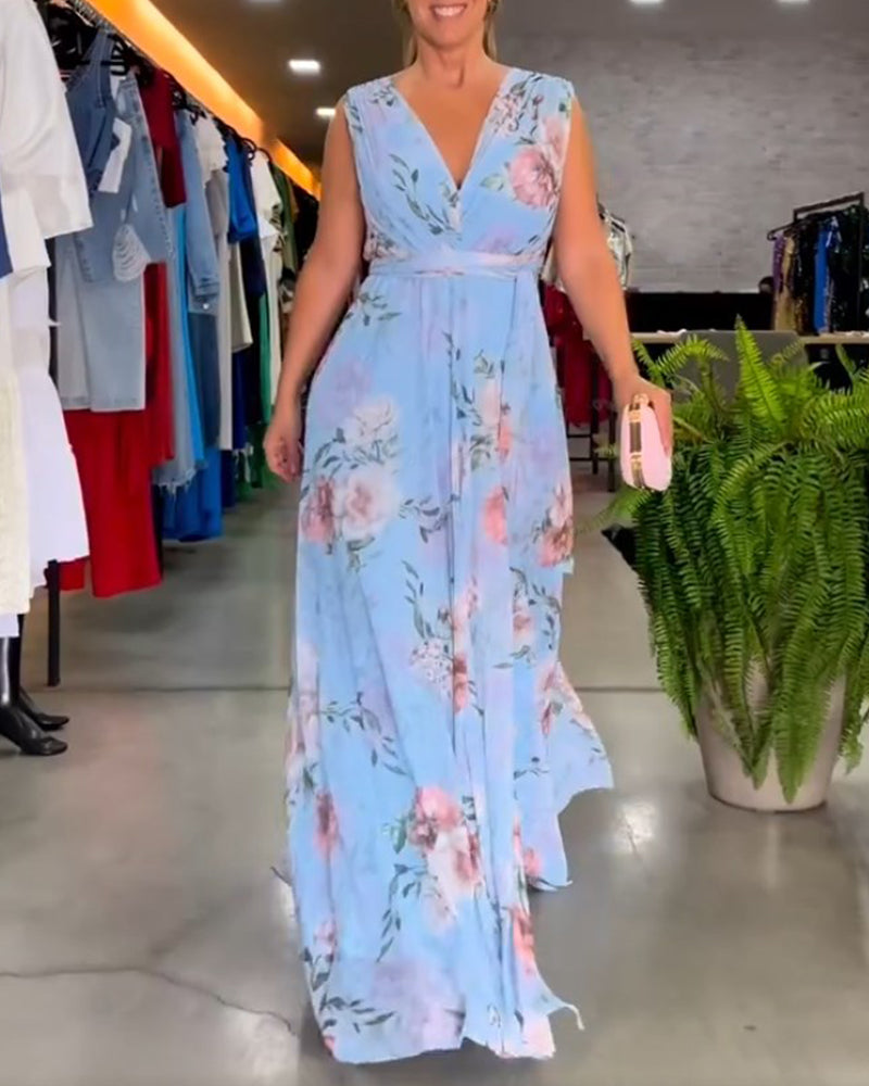 Gia - Sleeveless Floral Split Hem Long Dress