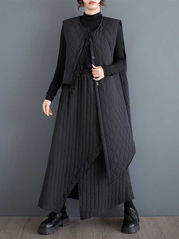 High Waisted Loose Asymmetric Elasticity Pockets Quilted Solid Color Skirts Bottoms