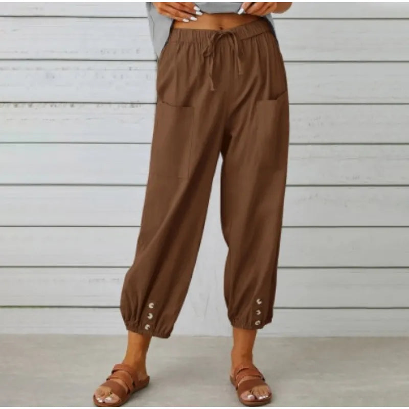 Women’s High-Waist Cotton & Linen Cropped Trousers – Wide-Leg Button Detail Fit