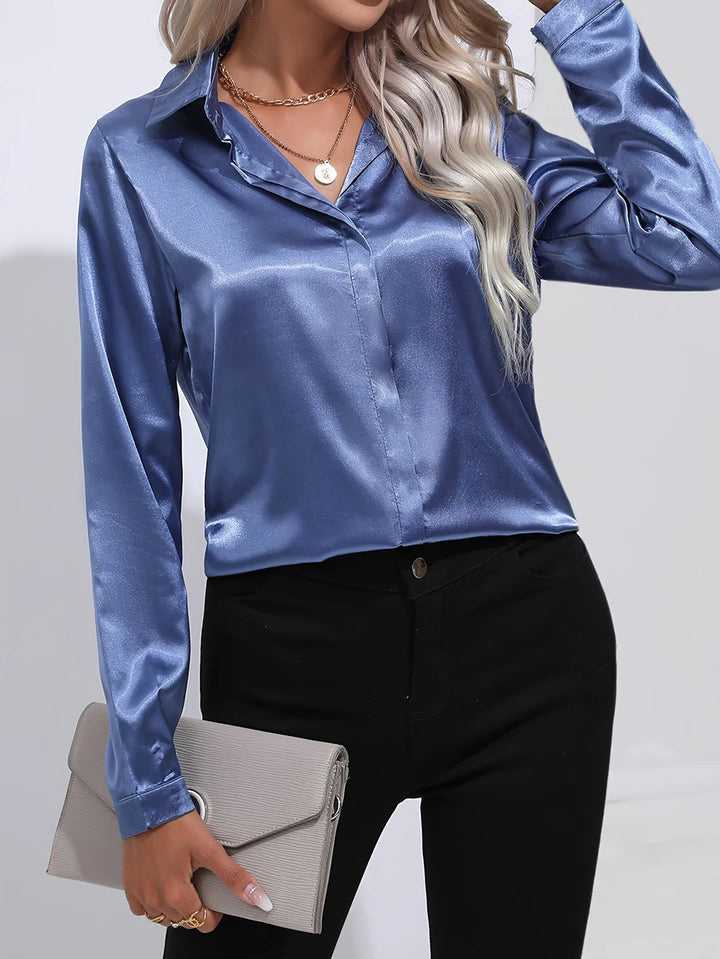 Satin Button-Up Blouse – Elegant Smooth Finish Shirt for Work & Smart Everyday Styling