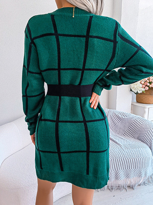 Elasticated Waist Long Sleeves Belted Contrast Color Plaid Round-Neck Mini Dresses Sweater Dresses
