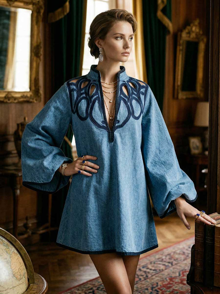 A-Line Long Sleeves Contrast Color Hollow Split-Joint Stand Collar Mini Dresses