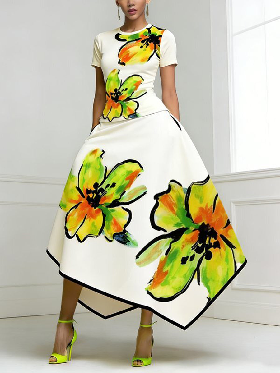 A-Line High Waisted Flower Print Pockets Skirts Bottoms