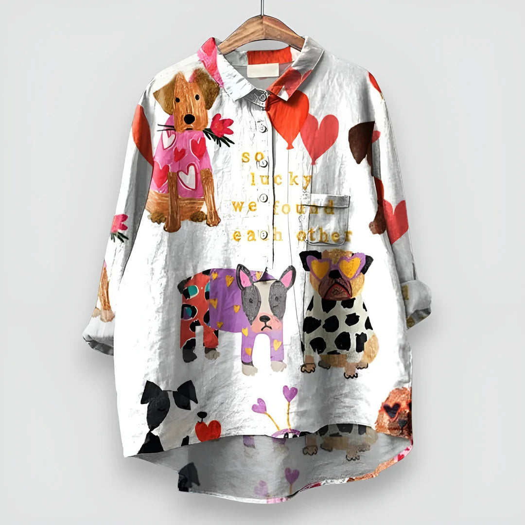 Dog Print Button-Up Shirt – Lightweight Casual Top for Everyday Relaxed Styling