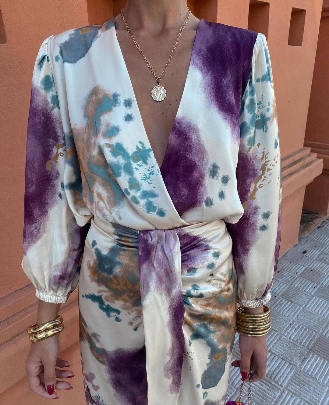 Davina - Elegant V-Neck Long Sleeve Split Maxi Dress