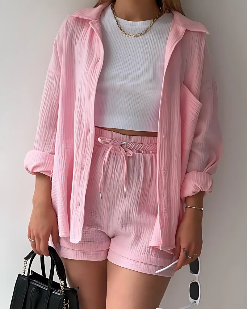 Maylee - Cotton Button-Up Shorts Set