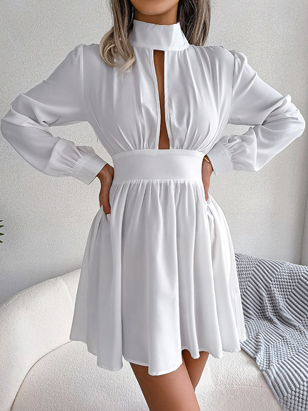 A-Line Elasticated Waist Hollow Solid Color Zipper Half Turtleneck Mini Dresses