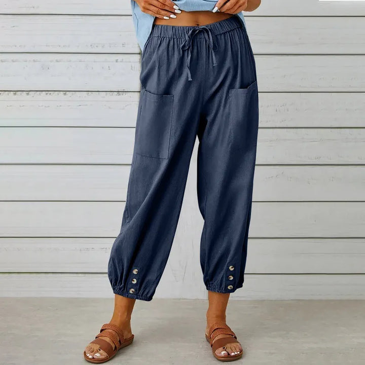 Women’s High-Waist Cotton & Linen Cropped Trousers – Wide-Leg Button Detail Fit