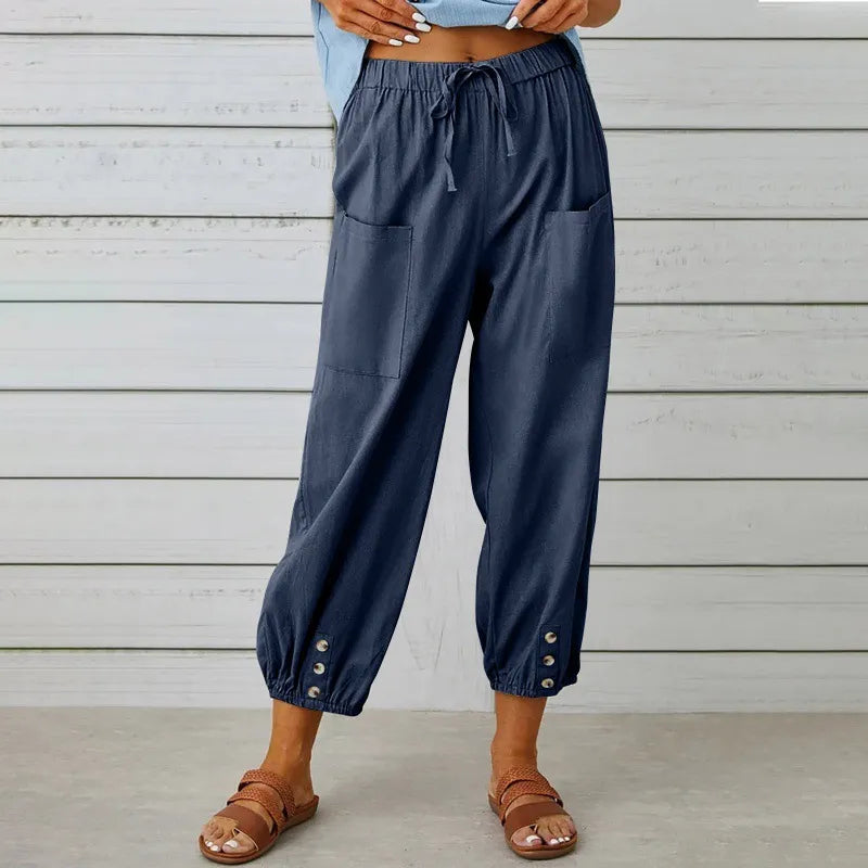 Women’s High-Waist Cotton & Linen Cropped Trousers – Wide-Leg Button Detail Fit
