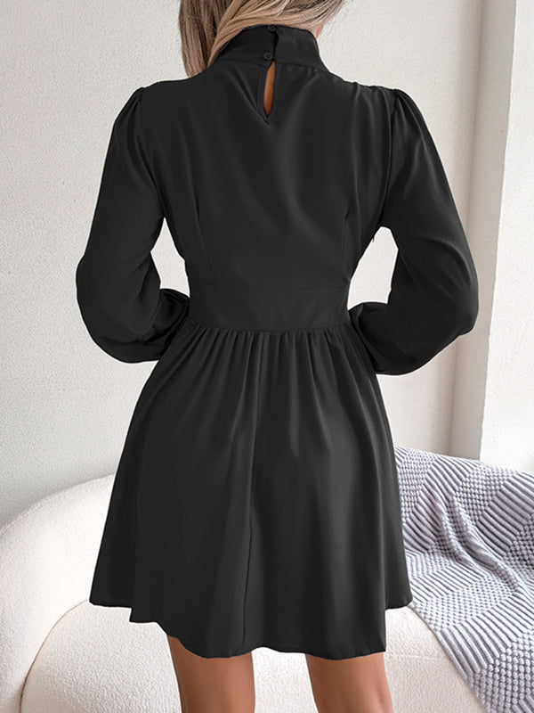 A-Line Elasticated Waist Hollow Solid Color Zipper Half Turtleneck Mini Dresses