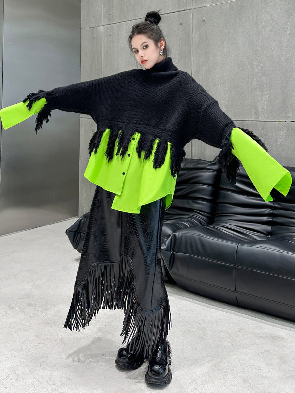 A-Line Irregularity Asymmetric Buttoned Crocodile Texture Solid Color Tasseled Skirts Bottoms
