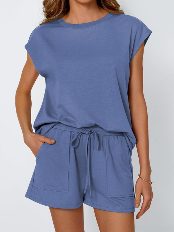 Loose Raglan Sleeve Solid Color Split-Joint Round-Neck T-Shirt + Drawstring Elasticity Shorts Two Pieces Set