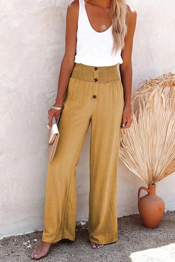 High Waist Relaxed Wide-Leg Pants – Lightweight Button Detail Trousers for Casual & Resort Wear
