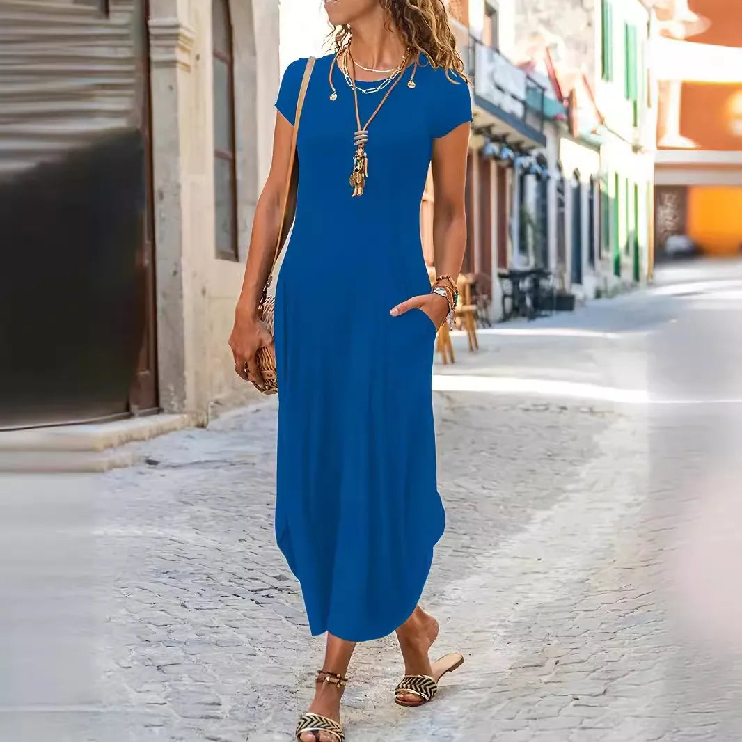 Women’s Solid Color Short Sleeve Dress – High-Stretch Minimalist Summer Fit