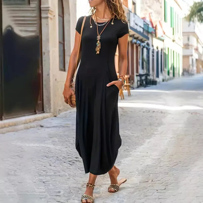 Women’s Solid Color Short Sleeve Dress – High-Stretch Minimalist Summer Fit