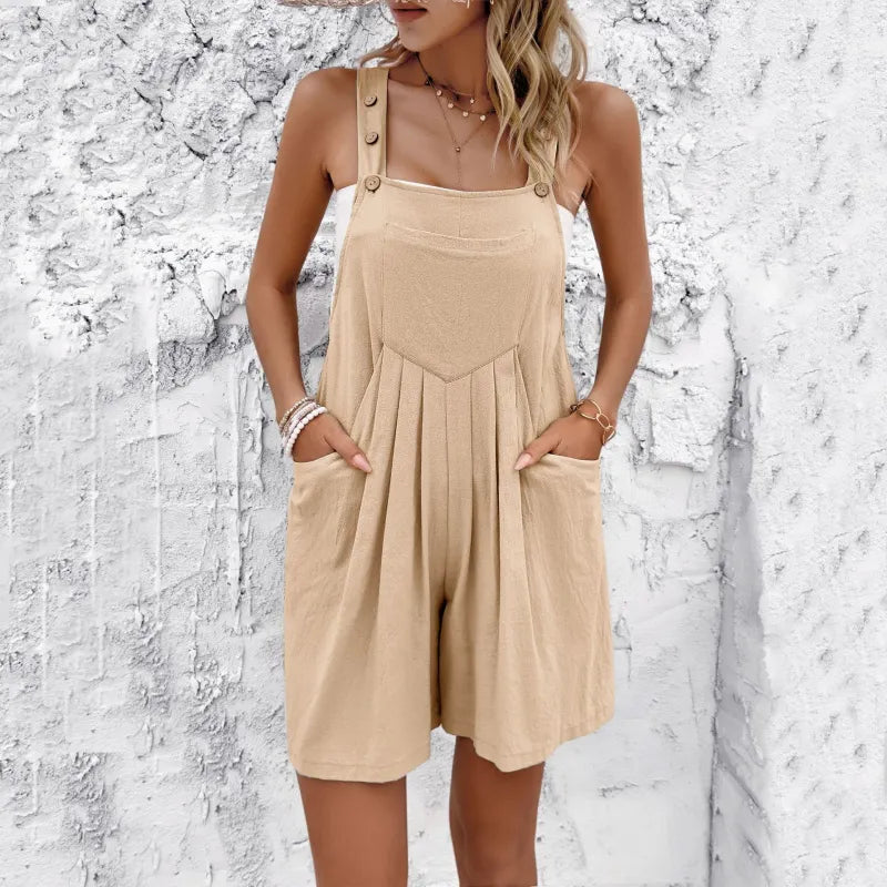 Women's Cotton & Linen One Piece Shorts Romper Solid Color, Relaxed Fit