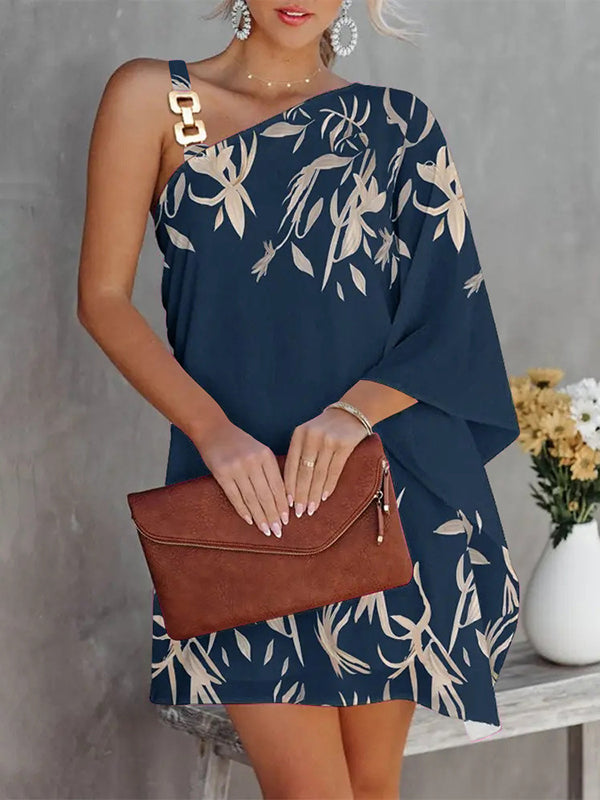 Batwing Sleeves Loose Color-Block Hollow Printed One-shoulder Mini Dresses Short Dresses