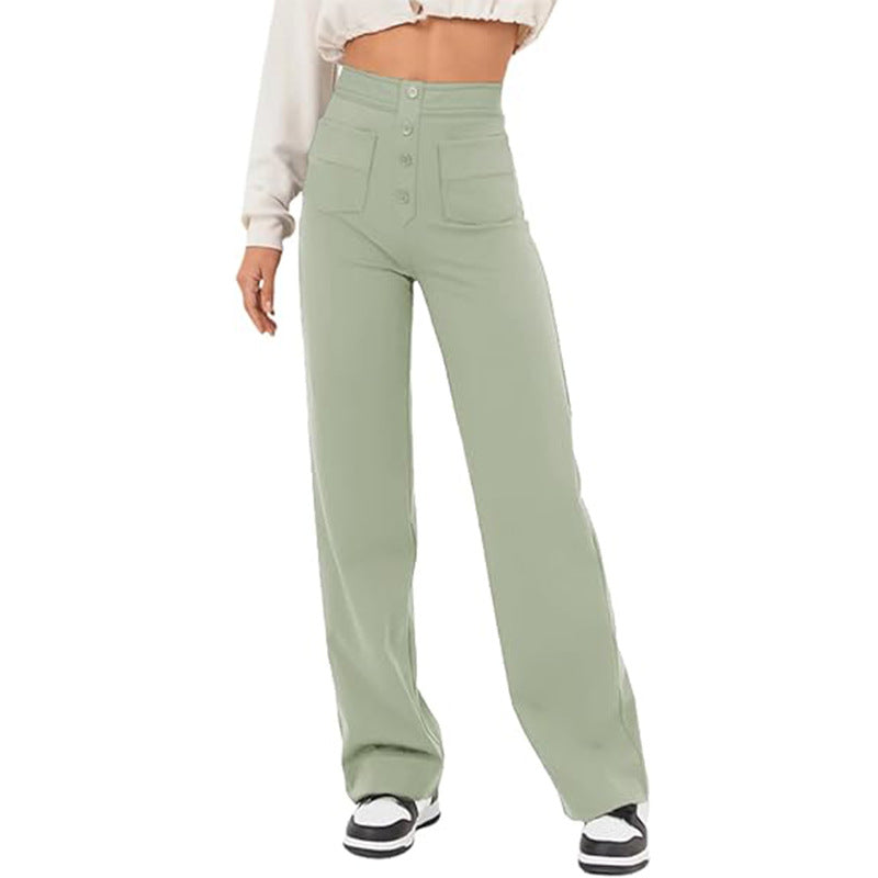 Women’s High-Waist Wide-Leg Trousers – Tailored Straight Pants with Button Detail