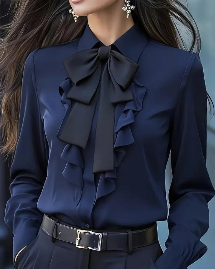 Knot Detail Ruffle Blouse – Long Sleeve Elegant Top for Refined Everyday & Smart Styling