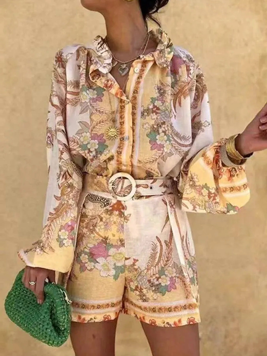 High Waisted Long Sleeves Belted Buttoned Contrast Color Elasticity Flower Print Ruffled Split-Joint Stand Collar Blouses&Shirts Tops + Shorts Bottoms Two Pieces Set