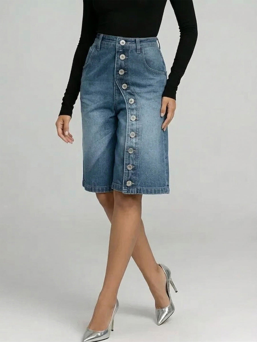 High Waisted Wide Leg Asymmetric Buttoned Pockets Solid Color Split-Joint Denim Shorts