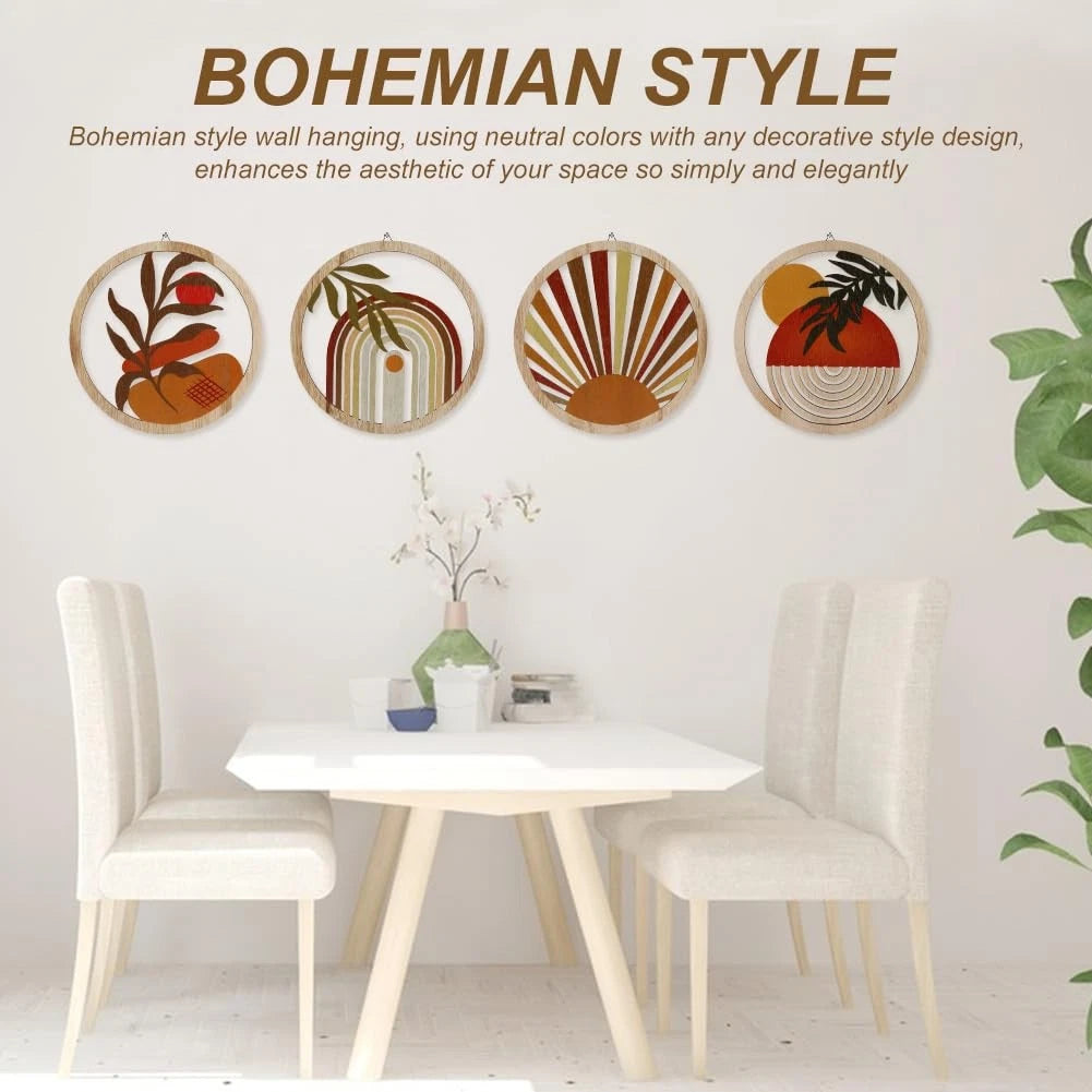 Bohemian Solid Wood Geometric Wall Art Set of 4 – 25x25cm Rustic Hanging Panels with Hook for Modern Home Décor