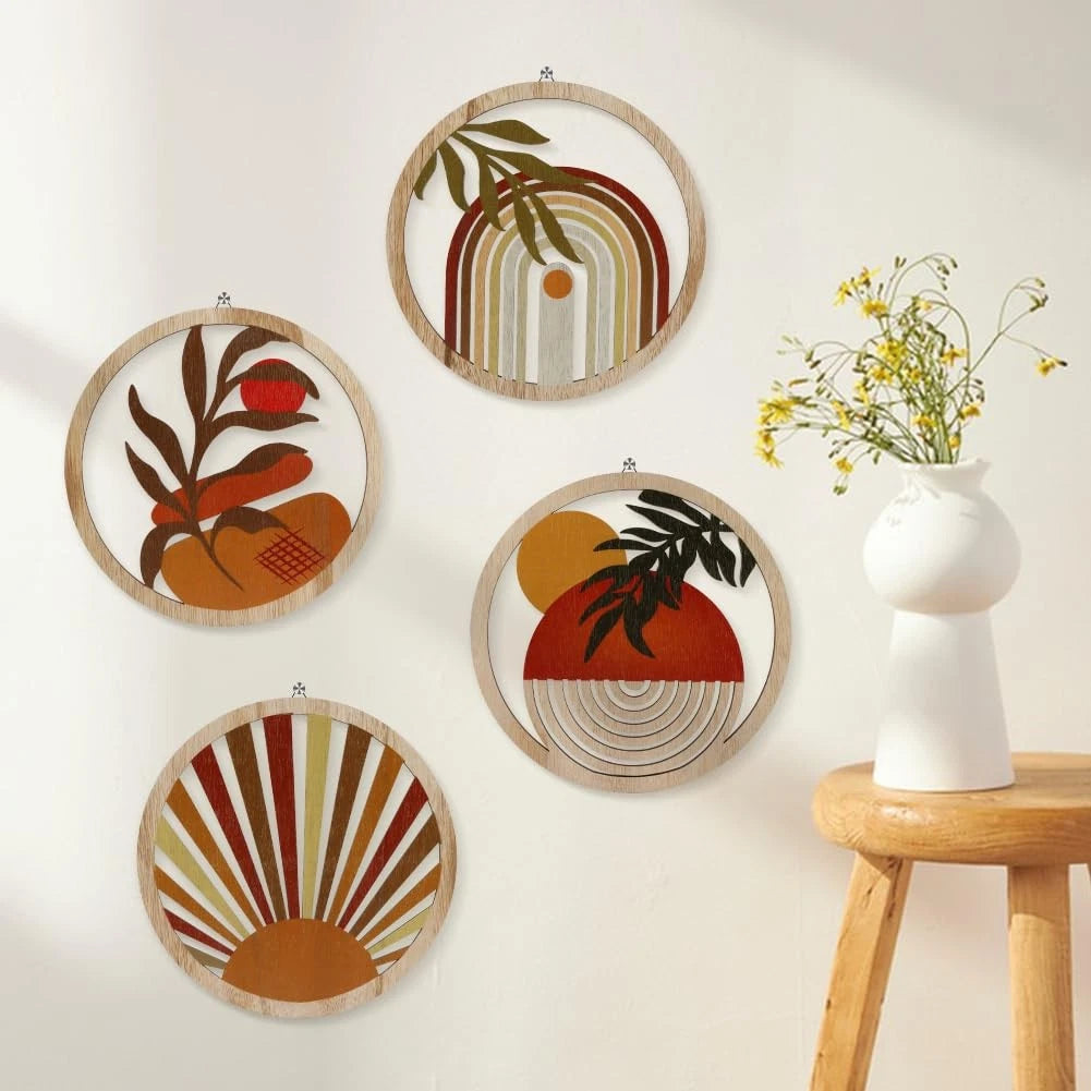 Bohemian Solid Wood Geometric Wall Art Set of 4 – 25x25cm Rustic Hanging Panels with Hook for Modern Home Décor