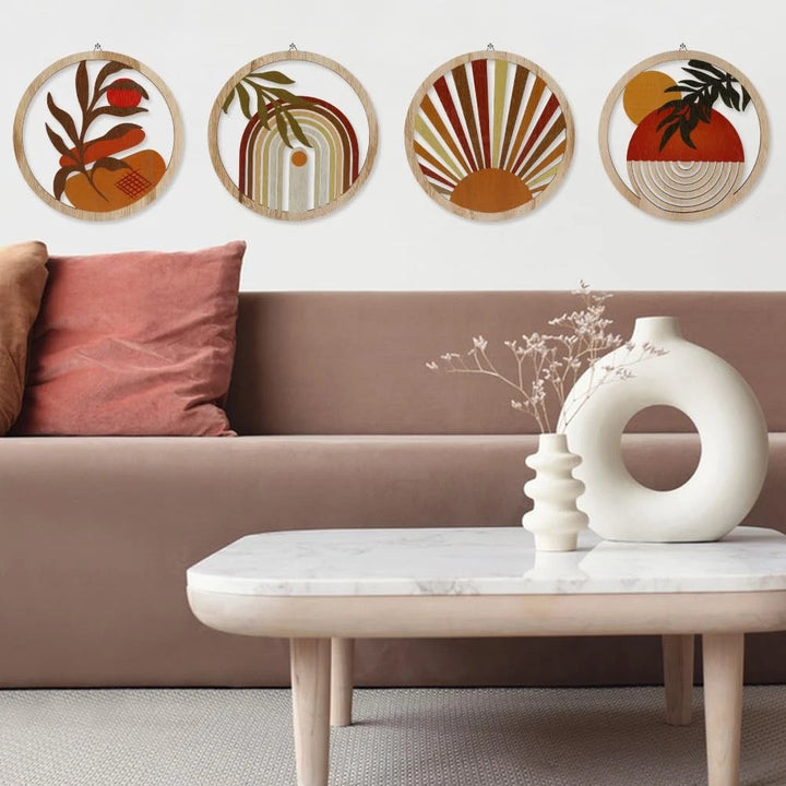 Bohemian Solid Wood Geometric Wall Art Set of 4 – 25x25cm Rustic Hanging Panels with Hook for Modern Home Décor