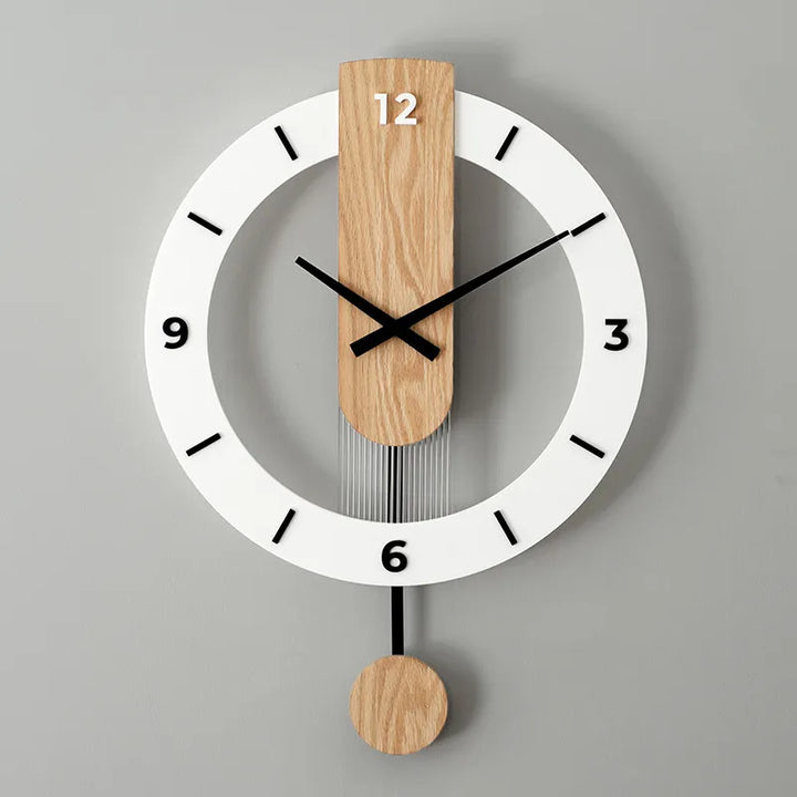Nordic Modern Solid Wood Wall Clock – Imported Red Oak Silent Swing Clock with Organic Glass Mirror