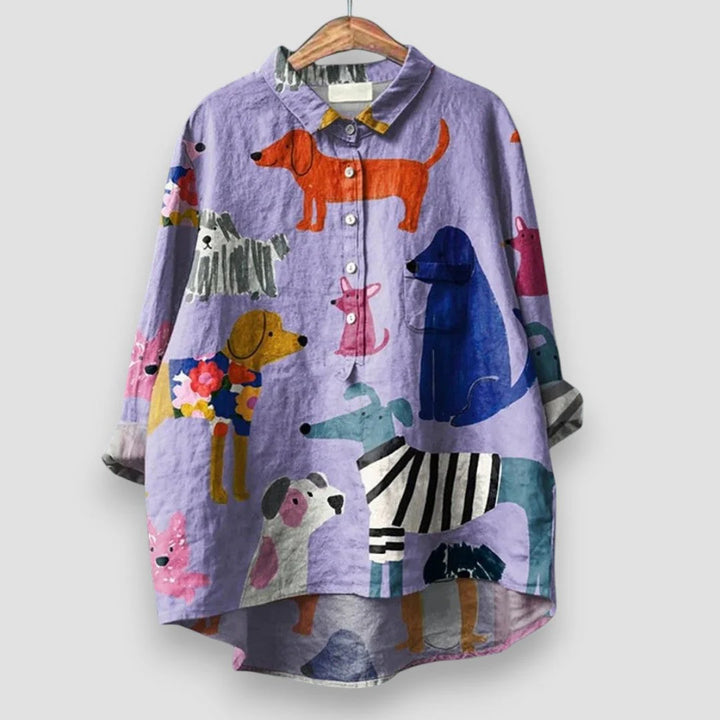 Dog Print Button-Up Shirt – Lightweight Casual Top for Everyday Relaxed Styling