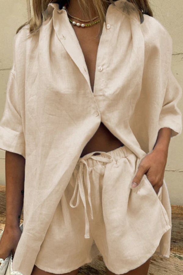 Beatrice - Ensemble décontracté en chemise surdimensionnée à boutons et short élégants