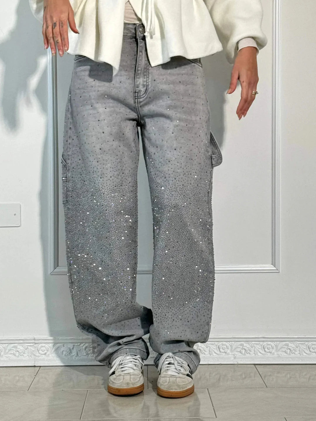 High Waist Glitter Jeans – Relaxed Fit Black Denim Pants with Subtle Sparkle Finish