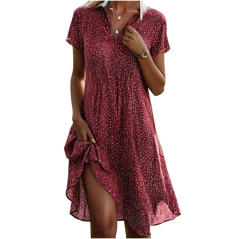 Dot Print Shirt Dress – Relaxed Button-Up Midi Dress for Casual & Everyday Elegant Styling