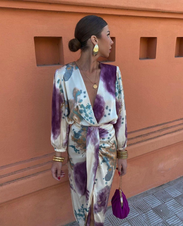 Davina - Elegant V-Neck Long Sleeve Split Maxi Dress