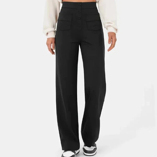 Women’s High-Waist Wide-Leg Trousers – Tailored Straight Pants with Button Detail