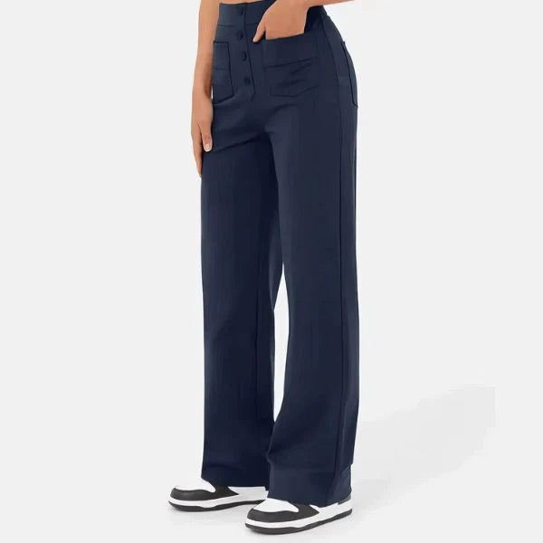 Women’s High-Waist Wide-Leg Trousers – Tailored Straight Pants with Button Detail